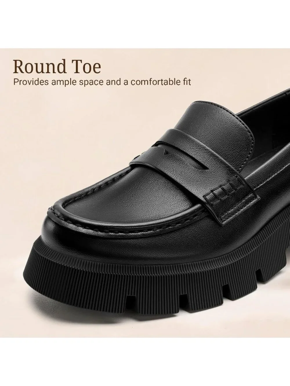 Women's Black Round Toe Heeled Chunky Lug Sole Slip On Casual Penny Loafer Shoes